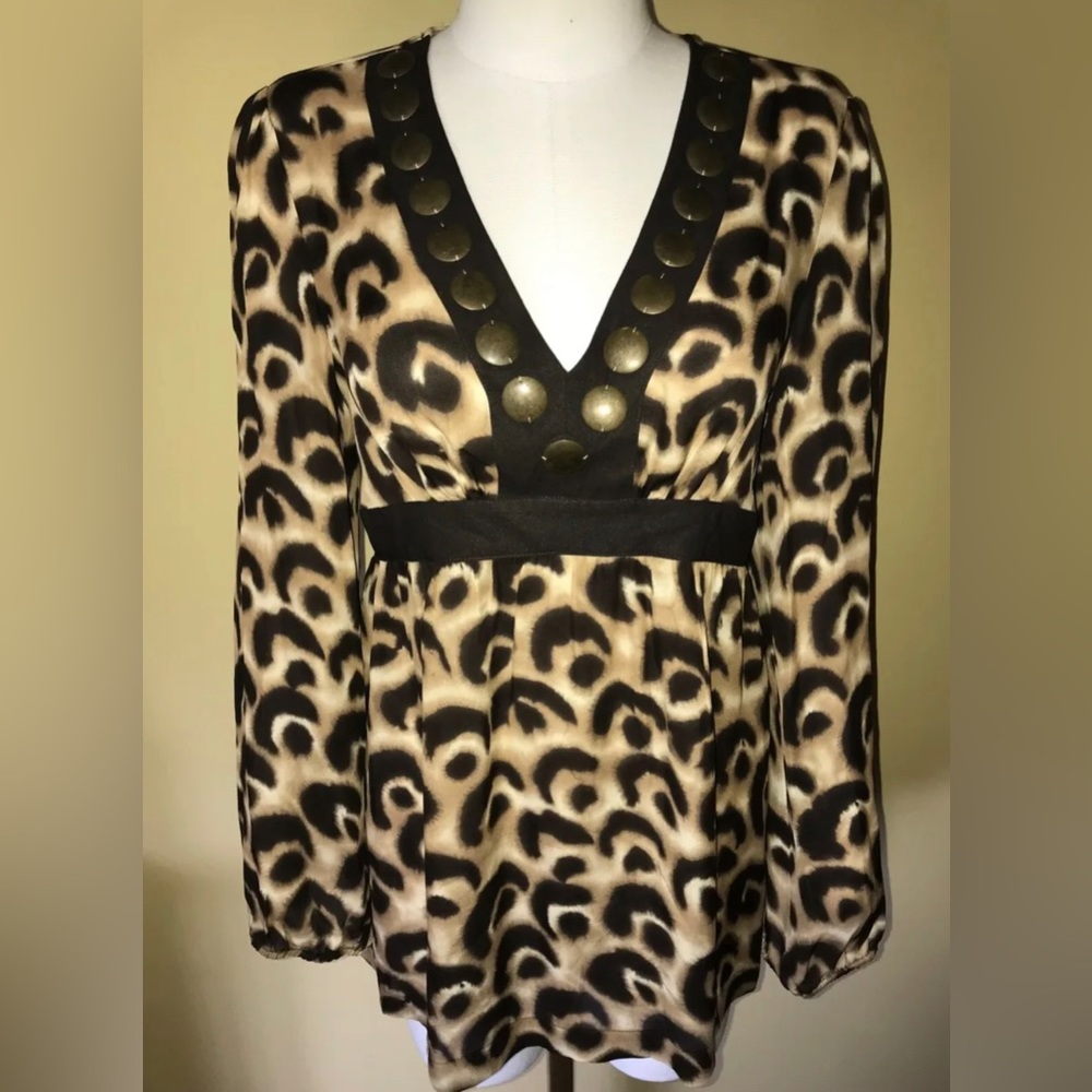 Michael Kors Leopard 100% SILK Stud Jewel Belted Tie Back Blouse